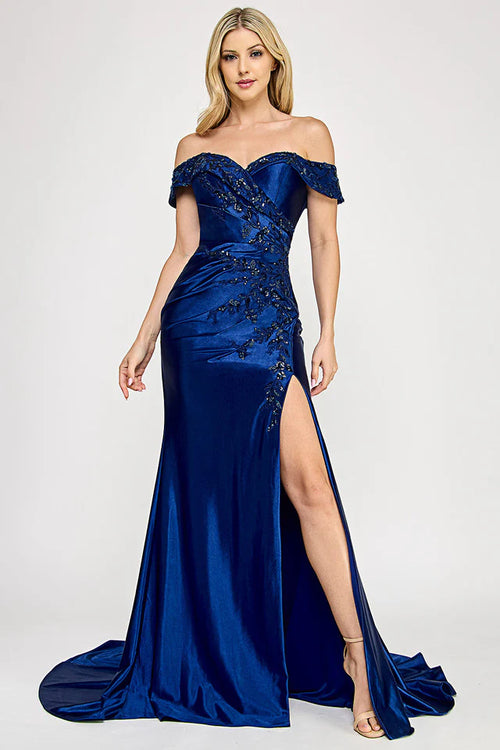 Royal blue off-the-shoulder satin gown with floral beading and a high slit, bespoke formal wedding gown