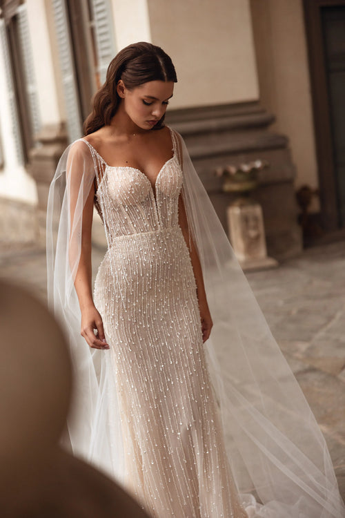 Beaded sheath wedding dress with sweetheart bodice and tulle cape, bespoke Ricca Sposa Orlena handcrafted bridal gown