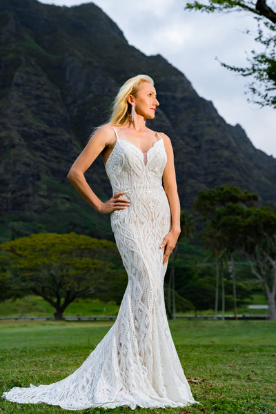 Beaded Mermaid Wedding Dress with Deep Plunging Neckline and Straps 26