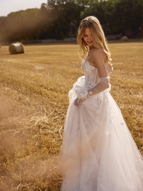 Sweetheart A-line floral lace wedding dress with sheer corset and detached sleeves, handcrafted Ricca Sposa bridal gown