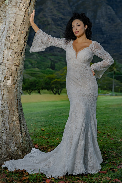 Boho Mermaid Crochet Lace Wedding Dress with Bell Sleeves 14