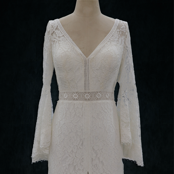 A-Line Lace Bohemian Boho Hippy Wedding Dress with Bell Sleeves V Neck and  Slit