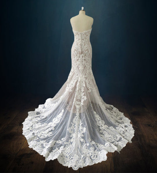 Beaded Lace Boho Mermaid Wedding Dress with Deep Neckline and Sparkle 16