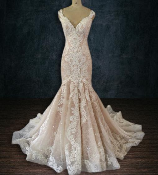 Beaded Lace Mermaid Wedding Dress with Off the Shoulder Sleeves | Dresses By Linda and Agnes Beaded Lace Mermaid Wedding Dress with Off the Shoulder Sleeves | Dresses By Linda and Agnes