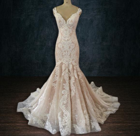 beaded lace off the shoulder mermaid wedding dress Beaded Lace Mermaid Wedding Dress with Off the Shoulder Sleeves