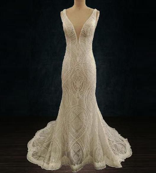 Boho Geometrical Lace Mermaid A-Line Wedding Dress with Side Cut Outs, Deep  Plunging Neckline and Opened Back