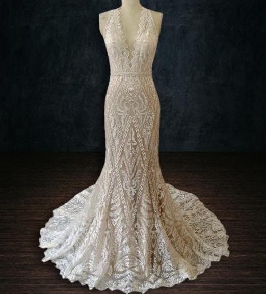 Lace Mermaid Boho Wedding Dress with Deep Plunging Neckline, See Through  Lace Back and Train