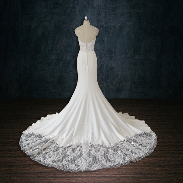 Lace and Crepe Mermaid A-Line Wedding Dress with See-Through Bodice 18