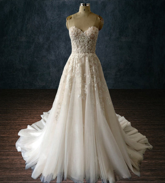 Beaded Lace Boho A-Line Wedding Dress with Sweetheart Neckline 20