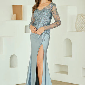 Bespoke beaded dusty blue gown with sheer sleeves and high slit, handcrafted mother of the bride wedding dress