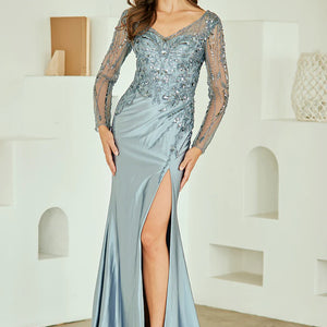 Bespoke slate blue satin gown with beaded bodice and long sleeves, handcrafted mother of the bride wedding gown