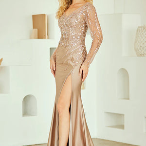 Bespoke champagne satin gown with beaded V-neck and long sleeves, handcrafted mother of the bride wedding gown