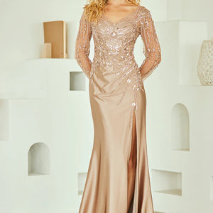 Bespoke beaded champagne sheath gown with sheer sleeves and high slit satin skirt, handcrafted bridal gown