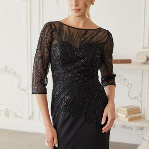 Intricately beaded black gown with sheer illusion neckline and 3/4 sleeves, bespoke Mother of the Bride wedding gown