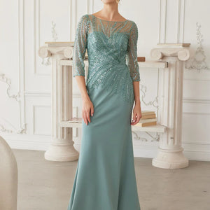 Sage green beaded gown with sheer 3/4 sleeves and illusion neck, a handcrafted Mother of the Bride wedding gown