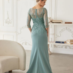 Beaded illusion back sage green mother of the bride gown with 3/4 sleeves, bespoke handcrafted wedding dress