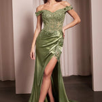 Off-the-shoulder olive green satin gown with sheer floral lace corset and high slit, handcrafted bespoke wedding gown