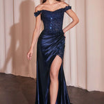 Navy blue off-the-shoulder satin gown with beaded corset bodice and high slit, bespoke formal wedding gown