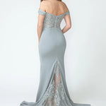 Off-the-shoulder grey mermaid gown with lace back and sheer embroidered train, handcrafted bespoke bridal gown
