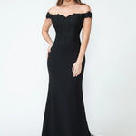 Bespoke black off-the-shoulder beaded lace mermaid gown with sweetheart neckline, handcrafted wedding gown