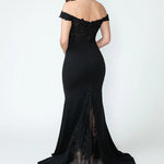 Bespoke black off-the-shoulder mermaid gown with lace bodice and train, handcrafted bridal wedding dress