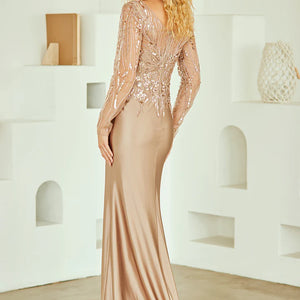 Bespoke champagne satin sheath gown with sequined sleeves and V-back, handcrafted Mother of the Bride wedding gown
