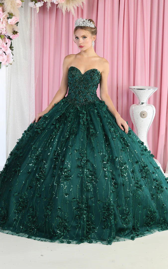 Emerald green sweetheart ball gown with 3D floral appliqués and beaded bodice, bespoke handcrafted bridal gown