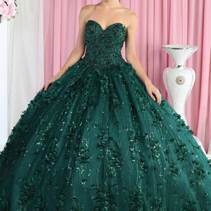 Emerald green sweetheart ball gown with 3D floral appliqués and beaded bodice, bespoke handcrafted bridal gown