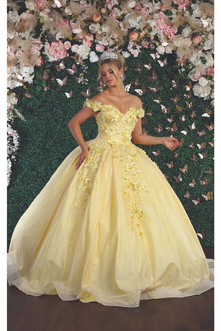 Yellow off-the-shoulder Quinceañera ball gown with 3D floral appliqués and shimmer, handcrafted bespoke bridal gown