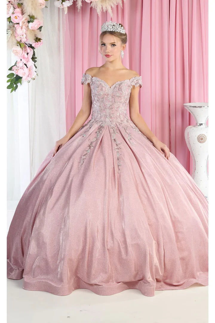 Off-the-shoulder pink ball gown with shimmering lace and glitter, handcrafted bridal gown