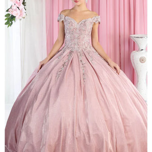 Off-the-shoulder pink ball gown with shimmering lace and glitter, handcrafted bridal gown