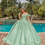 Sage green ball gown with floral lace and off-the-shoulder ruffled sleeves, handcrafted bespoke wedding gown