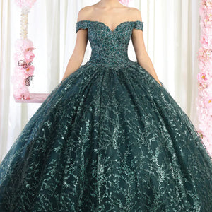 Emerald green off-the-shoulder ball gown with glitter vine embroidery, a bespoke handcrafted bridal gown