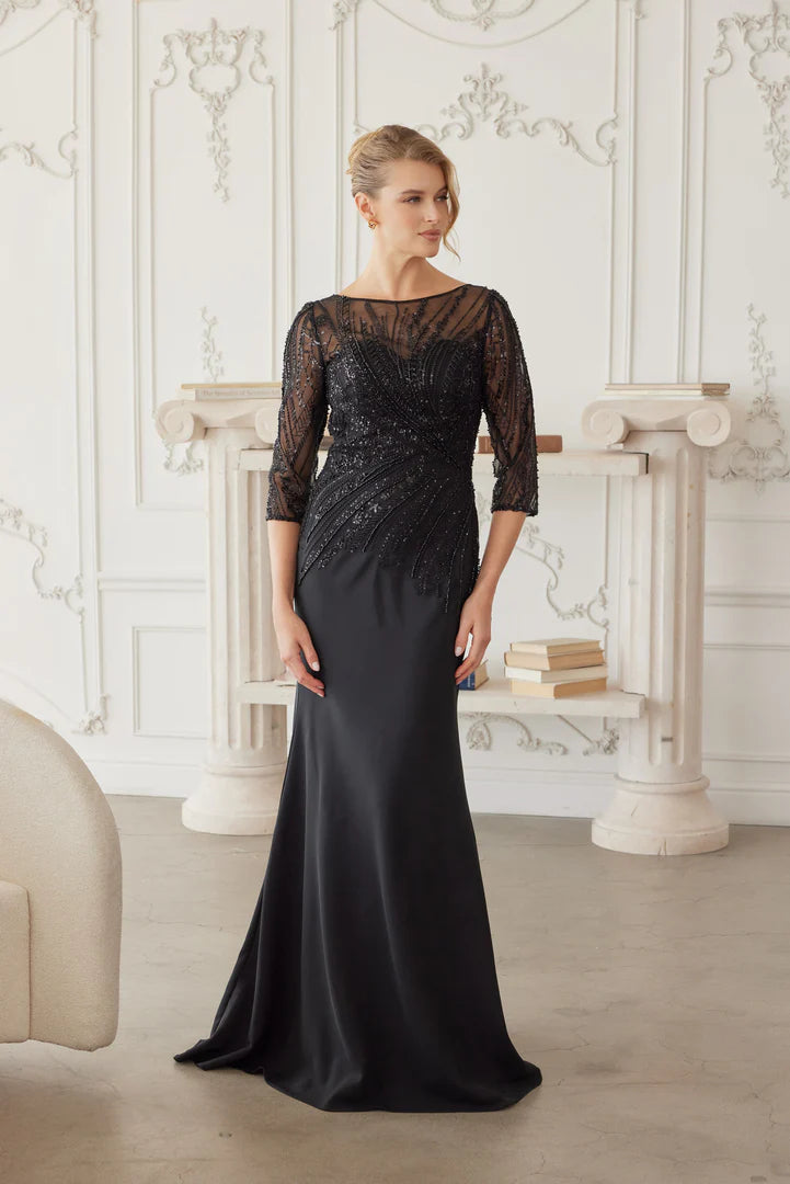 Black beaded trumpet gown with illusion neckline and three-quarter sleeves, handcrafted Mother of the Bride wedding gown