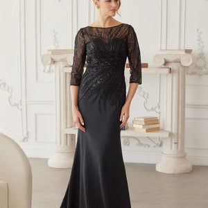 Black beaded trumpet gown with illusion neckline and three-quarter sleeves, handcrafted Mother of the Bride wedding gown
