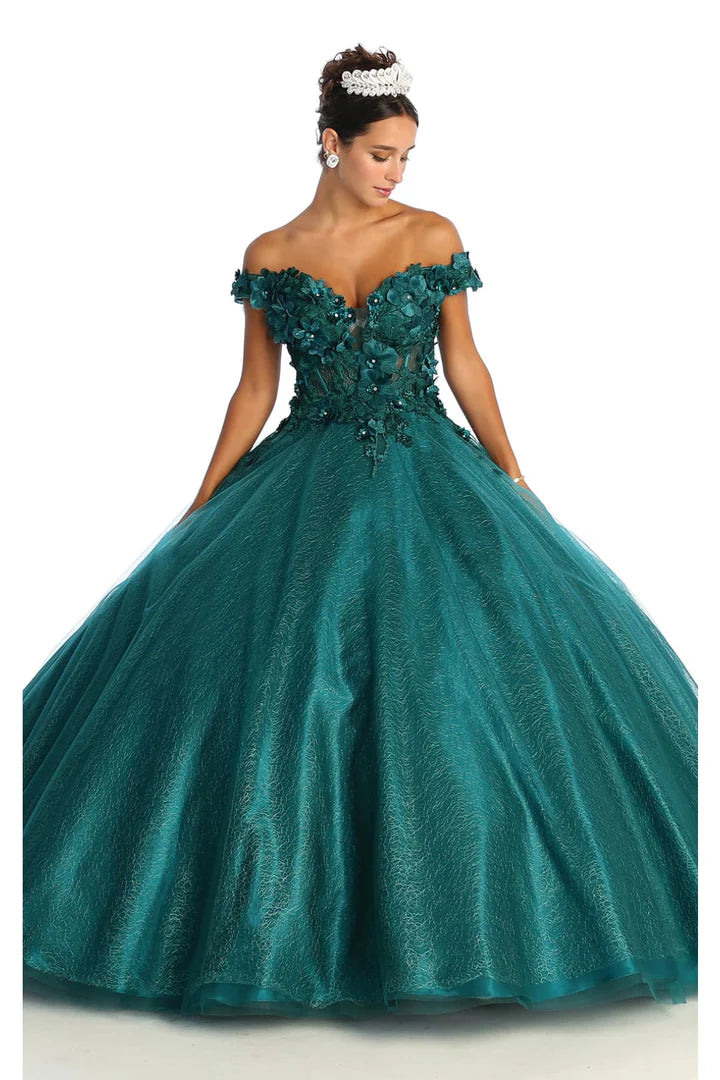 Emerald off-the-shoulder ball gown with 3D floral lace and shimmer, handcrafted bespoke bridal gown