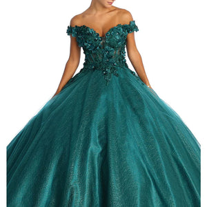Emerald off-the-shoulder ball gown with 3D floral lace and shimmer, handcrafted bespoke bridal gown