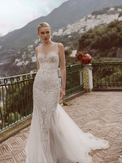 Mermaid beaded wedding dress with corset bodice and spaghetti straps, handcrafted Ricca Sposa Silvia bridal gown