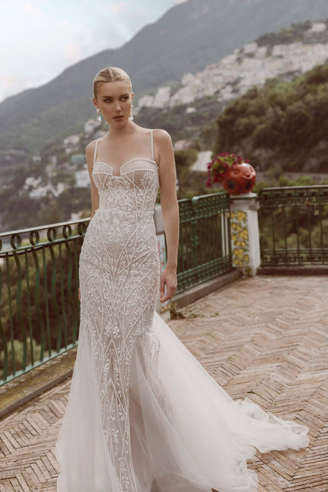 Mermaid beaded wedding dress with corset bodice and spaghetti straps, handcrafted Ricca Sposa Silvia bridal gown