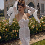 Sequin corset Ricca Sposa Elisa mermaid wedding dress with tulle bow gloves, bespoke handcrafted bridal gown