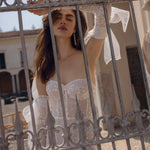 Sequin corset sweetheart wedding gown with detachable tulle bow sleeves, handcrafted Ricca Sposa Elisa bridal gown