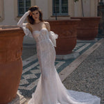 Bespoke sequin mermaid Ricca Sposa Elisa wedding dress with corset bodice and ruffled sleeves, handcrafted bridal gown