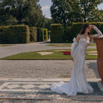 Shimmering mermaid wedding dress with beaded corset and puff sleeves, bespoke handcrafted Ricca Sposa bridal gown