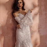 Lace mermaid wedding dress with sweetheart neckline and detached sleeves, handcrafted Ricca Sposa Luka bridal gown