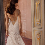 Lace mermaid wedding gown with sheer corset back and beaded straps, handcrafted Ricca Sposa Luka bridal gown