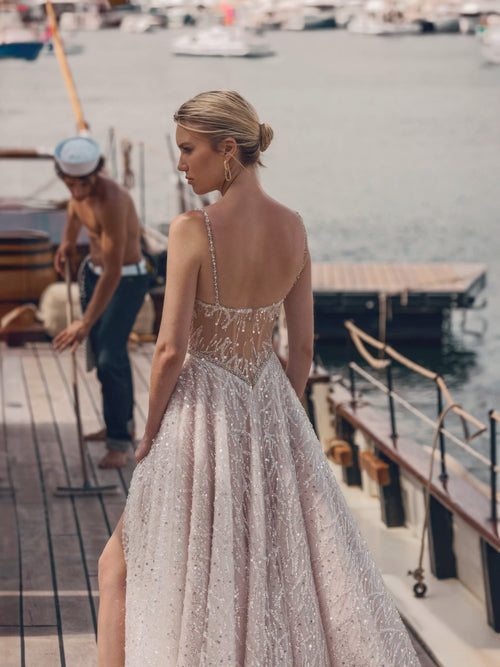 Sparkling A-line wedding gown with a sheer beaded back and thin straps, bespoke Ricca Sposa Donata bridal gown