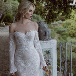 Off-the-shoulder lace Ricca Sposa Gina mermaid wedding dress with beaded long sleeves, handcrafted bridal gown