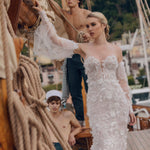 3D floral lace mermaid gown with sweetheart neck and sheer puff sleeves, handcrafted Ricca Sposa Febiana bridal gown