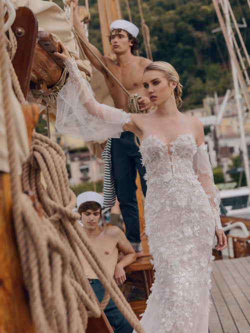 3D floral lace mermaid gown with sweetheart neck and sheer puff sleeves, handcrafted Ricca Sposa Febiana bridal gown