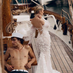 Mermaid 3D floral lace wedding dress with illusion back and sheer puff sleeves, handcrafted Febiana bridal gown